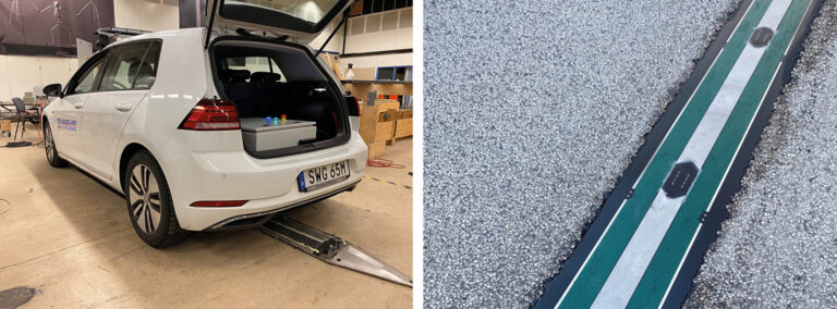 elbil utrustad med teknik för laddning på skenor i marken